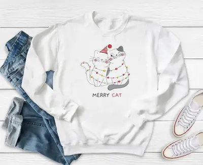Merry Cat Printed Sweatshirt Red Round Neck