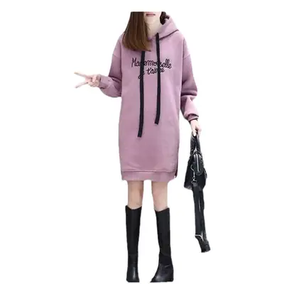 Women Fleece Lined Hoodie Mid Length Embroidered Letter
