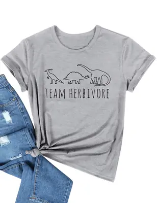 Team Herbivore Dinosaur Graphic T-Shirt Grey Short Sleeve