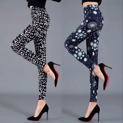 Women Thin Leggings Black Circle Polka Dot Brushed Silk Stretch