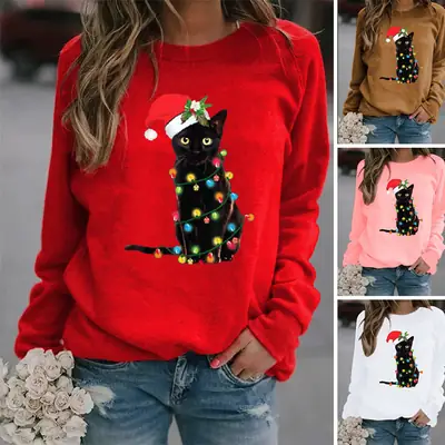 Women Christmas Printed Hoodie Pink Long Sleeve