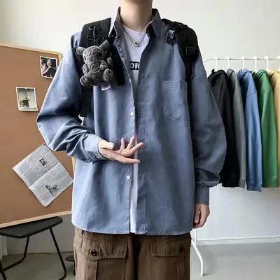 Men's Blue Long Sleeve Plain Shirt Hong Kong Style Loose Fit