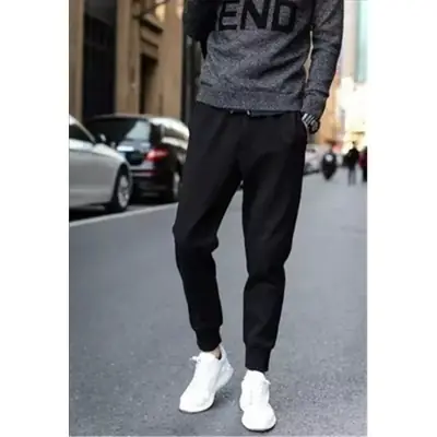 Men's Black Slim Fit Sports Pants with White Sneakers