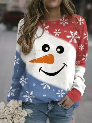 Women's Snowman Printed Long Sleeve Sweater Light Blue