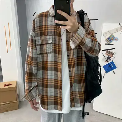 Men Plaid Plaid Shirt Retro Loose Fit Spring Autumn