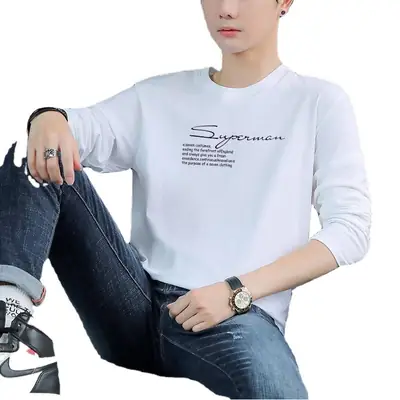 Men Cotton Long Sleeve T-Shirt Black Graphic Print