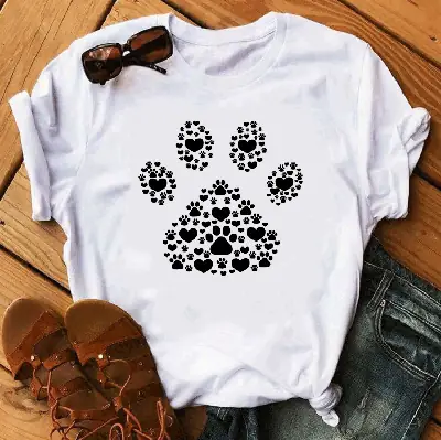 Black T-Shirt with Black Dog Paw Print Design