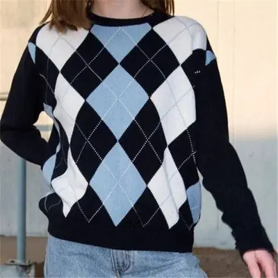 Women Diamond Plaid Knit Pullover Sweater
