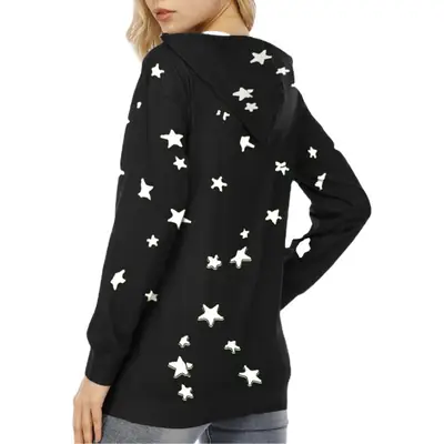 Women Star Printed Hooded Sweatshirt Purple Large