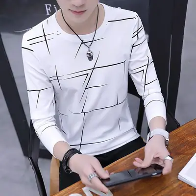 Men Long Sleeve T-Shirt White Black Geometric Slim Fit