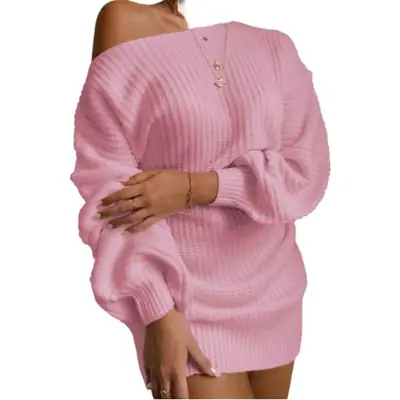 Women Knitted Crossbody Sweater Dress Pink Off-Shoulder