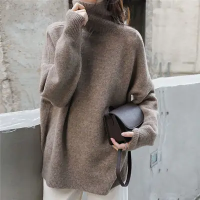 Heavy Turtleneck Sweater Women Red Loose Knit Large