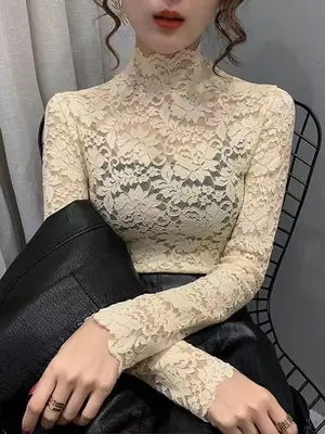 Lace Long Sleeve Turtleneck Top for Women