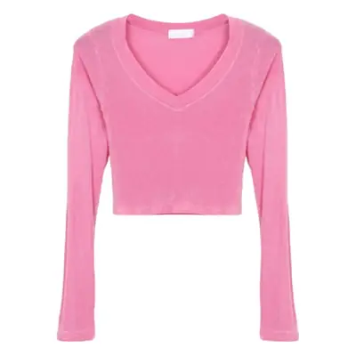 Women V-Neck Long Sleeve Light Blue Top with Black Skirt