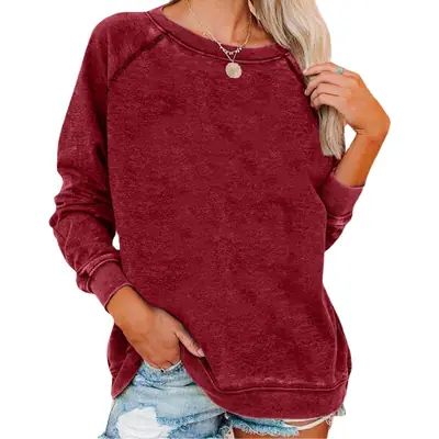 Women's Round Neck Sweatshirt Maroon Loose Fit