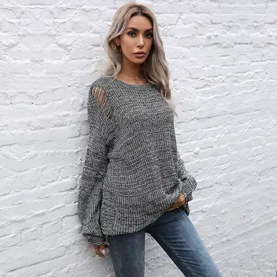 Bai Fen Zhi Yi Grey Houndstooth Crew Neck Sweater Plus Size