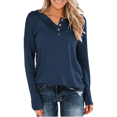 Women's Button Pullover T-Shirt Brown Long Sleeve