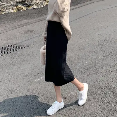 Knitted Split High Waist Skirt for Women Winter