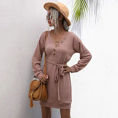 V-Neck Knitted Belted Skirt Dress Brown