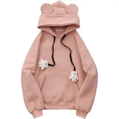 Women Pink Fleece Hoodie Rabbit Ear Design