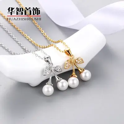 Double Pearl Cherry Leaf Pendant for Women Gold Silver