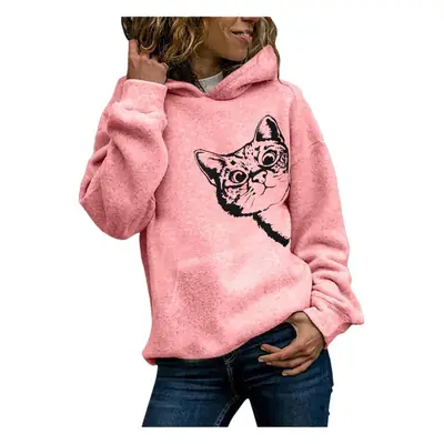 Gray Hooded Sweatshirt with Cat Print Long Sleeve