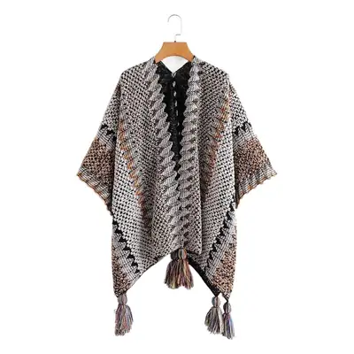 New Ethnic Style Shawl Pullover Tassel Cardigan Knitwear Colorfulful Loose Retro Style Stripesd Knitwear Cape Jacket