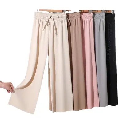 Wide Leg Ice Silk Pants Drawstring Elastic Summer Casual