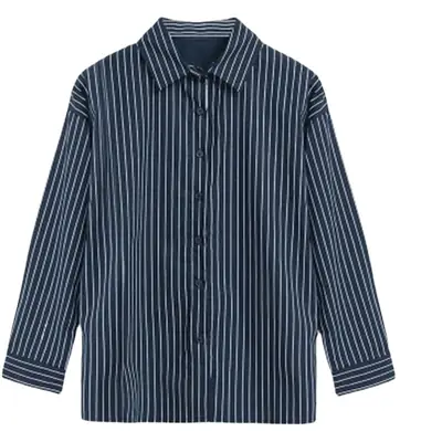 Korean-style Blue Stripe Long Sleeve Shirt Plus Size