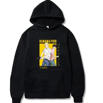 Men Black Cross Border Banana Fish Print Hoodie