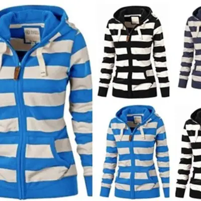 Women's Black White Striped Hooded Jacket Large