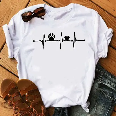 Black T-Shirt with ECG Heart Design & Dog Paw Print