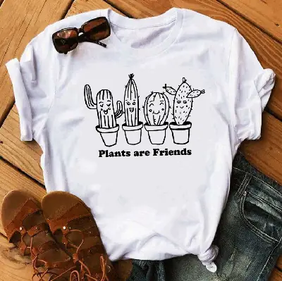 White T-Shirt "Plants Are Friends" Cactus Print