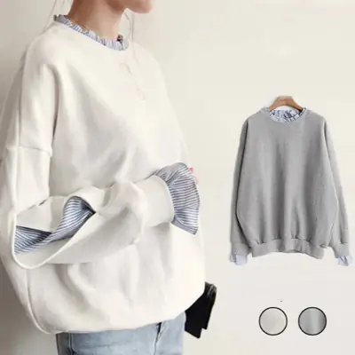 Women Loose Long Sleeve Sweater White Striped Patchwork Coat Top