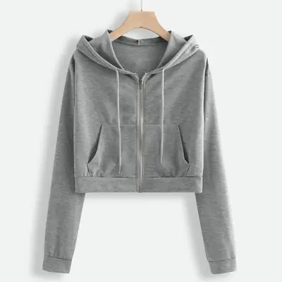 Women Light Blue Zipper Crop Hoodie Long Sleeve