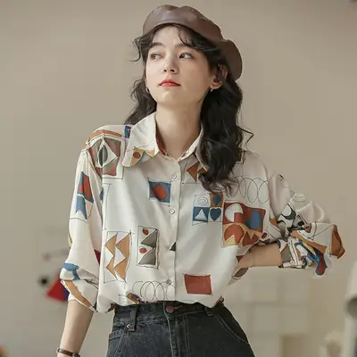 Women Retro Printed Loose Long Sleeve Shirt 2022