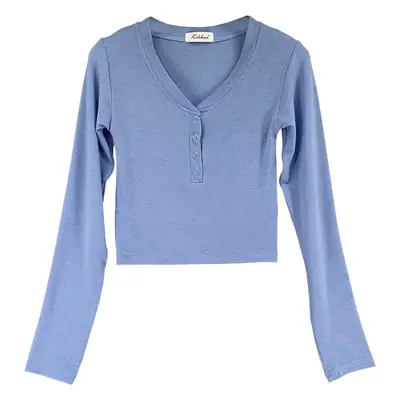 Light Blue Long Sleeve V-Neck Single Breasted Shirt for Women