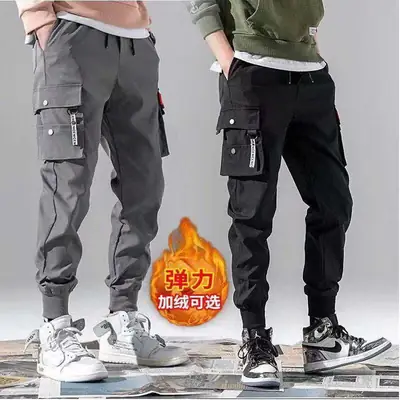 Men Winter Fleece Cargo Pants Black Slim Fit