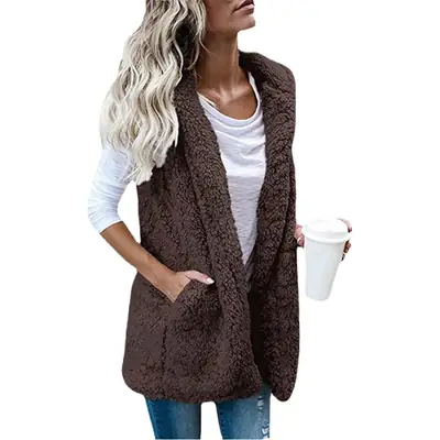 Women's Brown Fleece Sleeveless Vest with Hooded Pocket