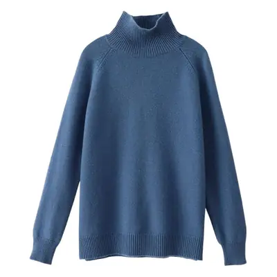 Women High Collar Wool Knit Sweater Large Beige