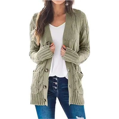 Women's Mid-Length Cable Knit Cardigan Hooded Coat Olive Green