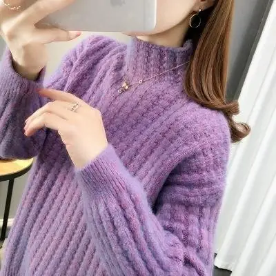 Purple Cable Knit Women's High Neck Sweater