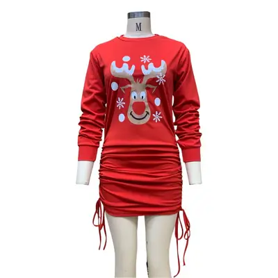 Women's 2023 Christmas Long Sleeve Pleated Hip Skirt Dress Red