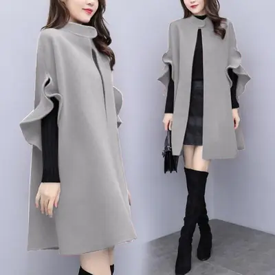 Women Woolen Coat Red British A-Line Cape Medium
