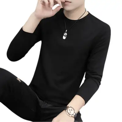Men Black Long Sleeve T-Shirt Round Neck Spring Fall