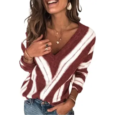 Brown V-Neck Striped Sweater for Women