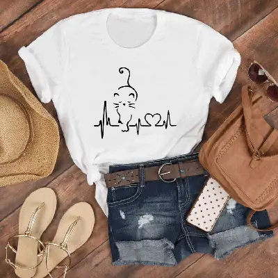 Women Gray ECG Cat Graphic T-Shirt