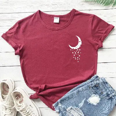 Black Moon Star Print T-Shirt Short Sleeve Grey