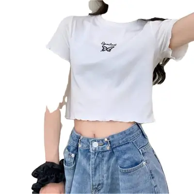 Purple Butterfly Embroidered Cropped T-Shirt for Women