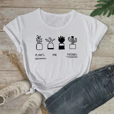 Pink Friends Plant Graphic T-Shirt for Women